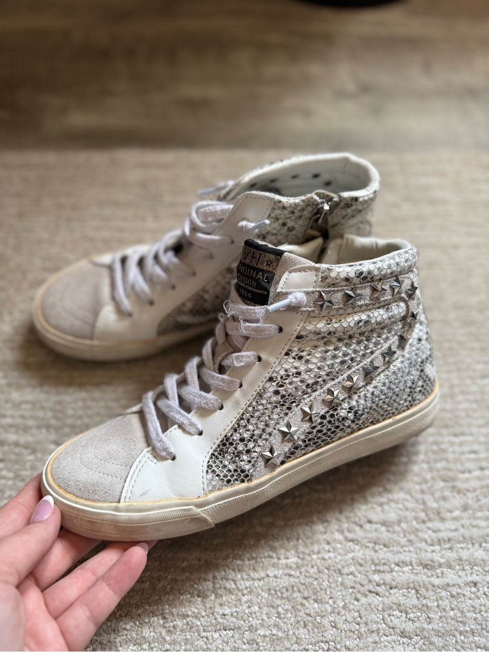 Vintage Havana High-Top Women's Sneakers in Light Gray Snake Print with Studs